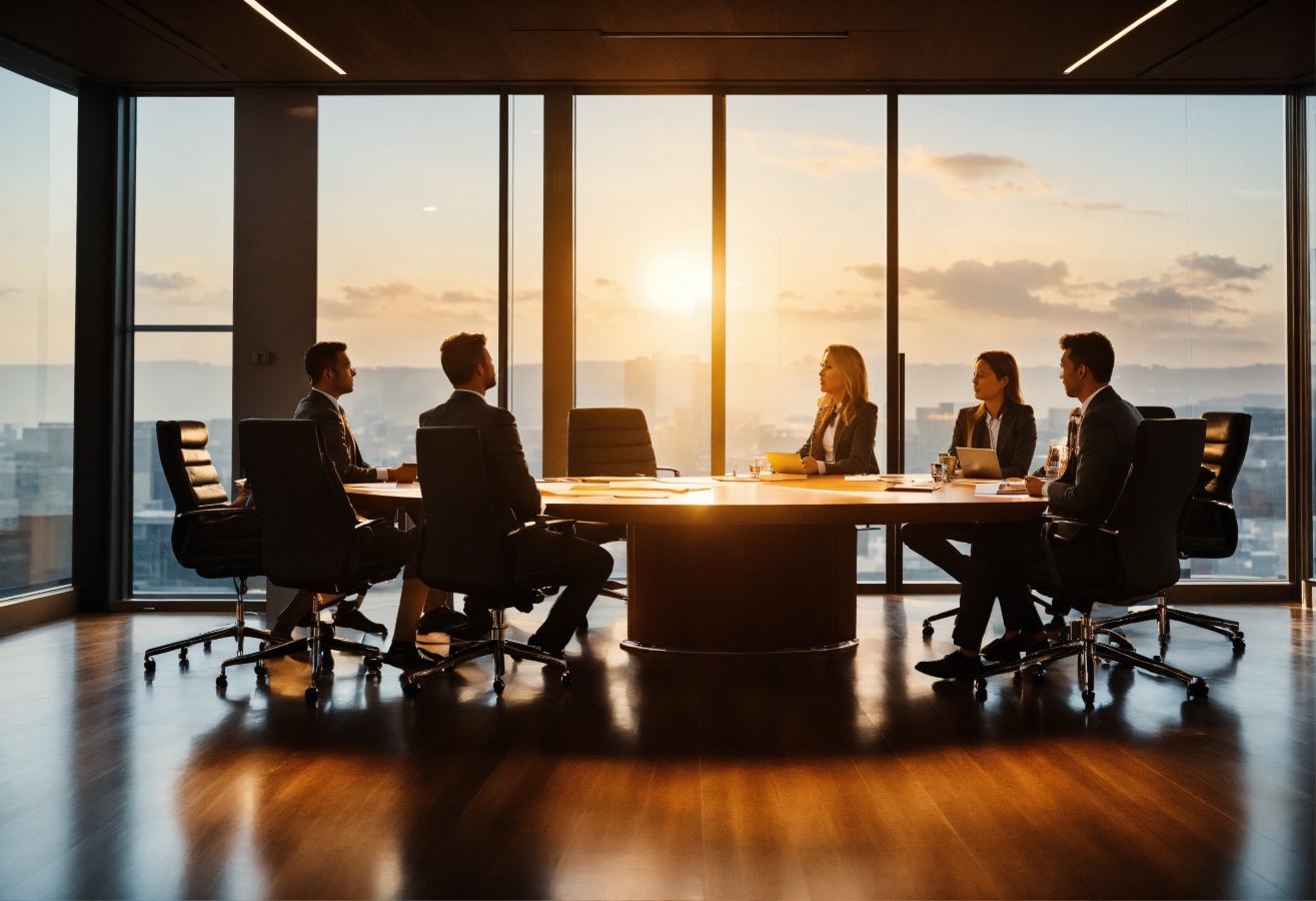 An image of team members talking in a boardroom