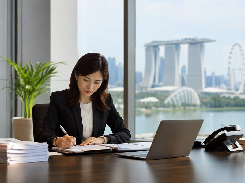 Understanding Annual General Meetings (AGMs) and Annual Returns for Singapore Companies An overhead shot of a boardroom table with AGM documents, a laptop showing ACRA BizFile+ and a Singapore flag pin