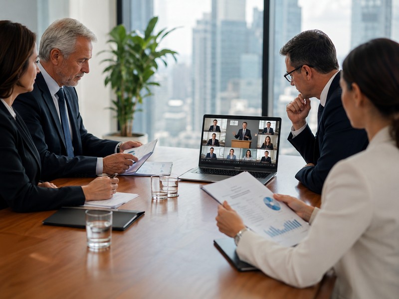 How to Conduct Annual General Meetings (AGM) in Singapore: A Practical Guide A professional boardroom scene with directors reviewing documents and a laptop showing an online AGM interface (800x600)