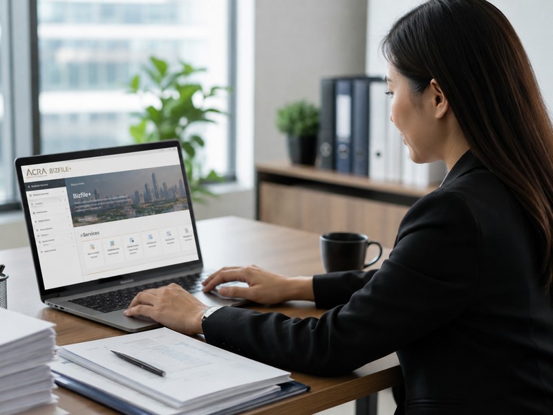 Annual Compliance Checklist for Singapore Private Companies: A Corporate Secretary’s Guide Photograph of a corporate secretary working at a desk with a laptop showing the ACRA BizFile+ portal and company documen