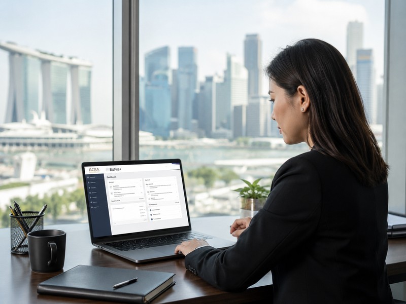 Annual Return Filing with ACRA: Deadlines, Requirements and Common Errors A professional photo of a corporate secretary at a desk with a laptop showing ACRA BizFile+ on screen and a Singapore sk