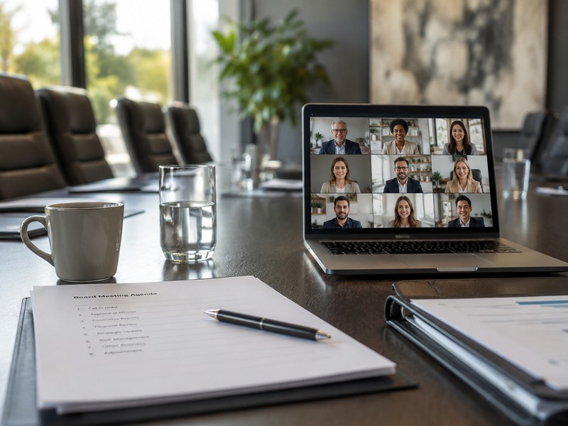 How to Conduct Board Meetings in Singapore: Agenda, Notices and Minutes Photograph of a formal boardroom table with papers, a printed agenda and a laptop displaying a virtual meeting, emphasis