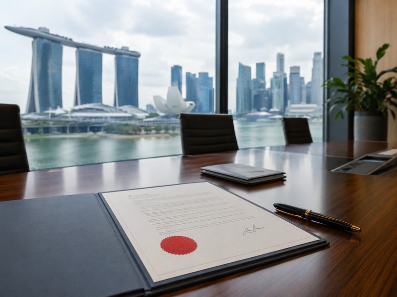 A professional boardroom table with a signed resolution document, company seal and Singapore skyline visible through the