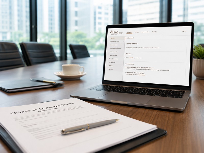 A professional photograph of a boardroom table with documents titled 'Change of Company Name' and a laptop open to ACRA