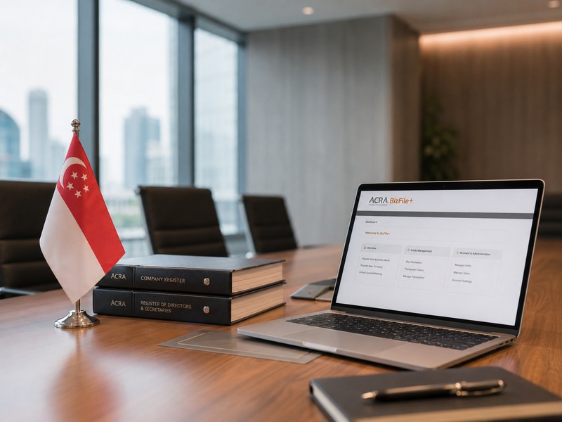 A well-lit boardroom table with a small Singapore flag, company registers and a laptop displaying ACRA BizFile+ on scree