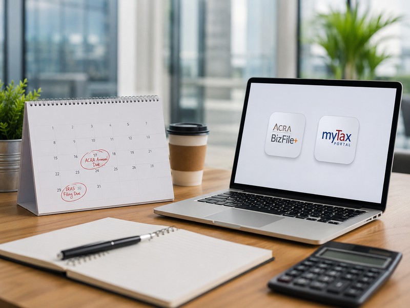 Corporate Secretarial Compliance Calendar: Key Deadlines Every Director Should Track A clean office desk with a calendar marked with compliance deadlines, a laptop showing ACRA BizFile+ and IRAS myTax Port