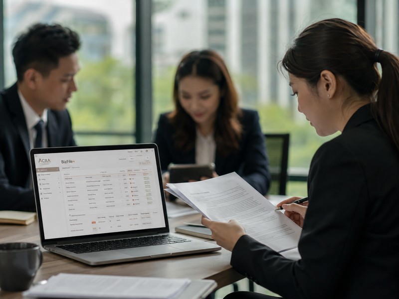 A professional corporate meeting scene with a company secretary preparing documents, ACRA BizFile+ visible on a laptop s