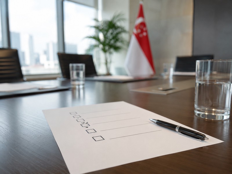 Demanding a Poll at Company Meetings in Singapore: Rights, Process and Records Close-up of a boardroom meeting table with a poll ballot sheet and a Singapore flag subtly placed in the background (800
