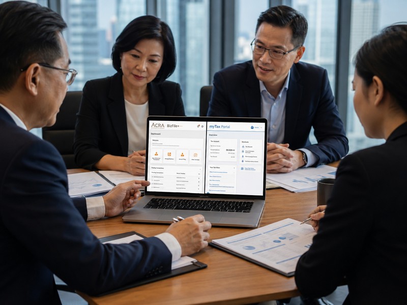 How Directors Can Be Held Personally Liable for Non‑Compliance in Singapore Corporate boardroom scene with directors reviewing documents and a laptop displaying ACRA BizFile+ and IRAS myTax Portal
