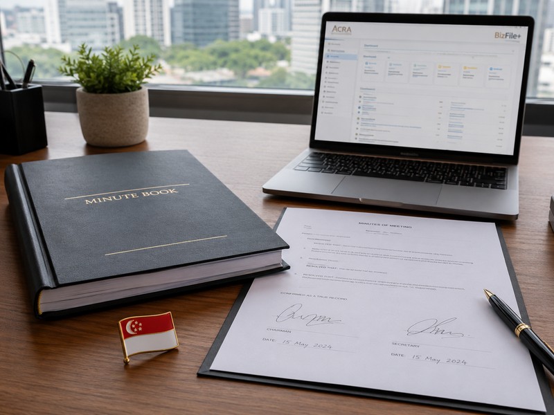 How to Properly Maintain Your Minute Books and Resolutions in Singapore A neat corporate desk showing an organised minute book, signed minutes, a laptop displaying ACRA BizFile+ and a Singapor
