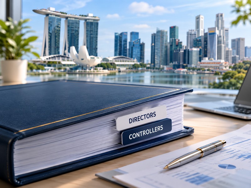 Maintaining the Register of Nominee Directors: What Every Company Must Know Illustration of a corporate register book with labelled tabs for directors and controllers, overlaid with a Singapore sk