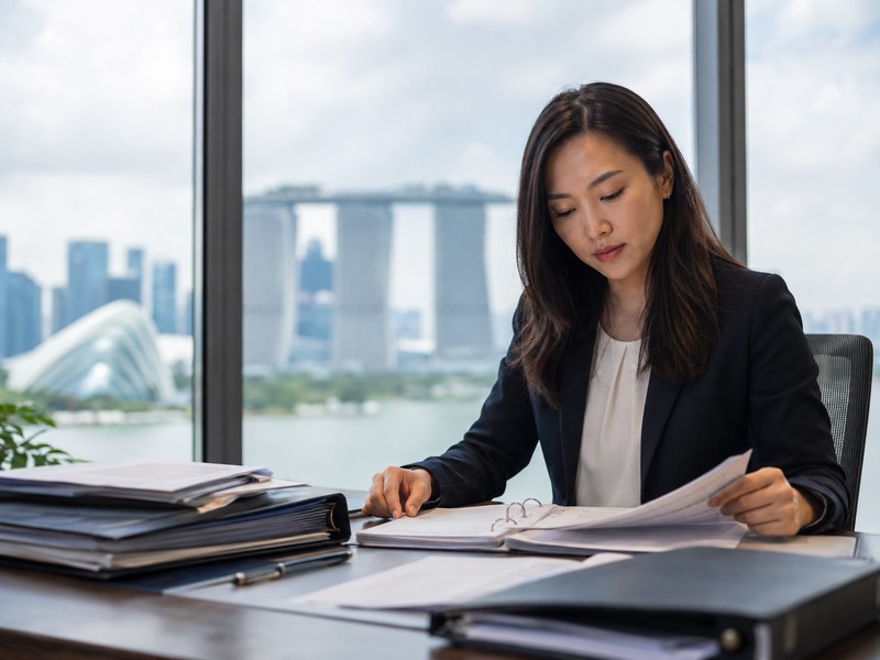 Understanding Statutory Registers in Singapore: What They Are and Why They Matter A professional photo of a corporate secretary at a desk reviewing statutory registers and company documents, with a Sing