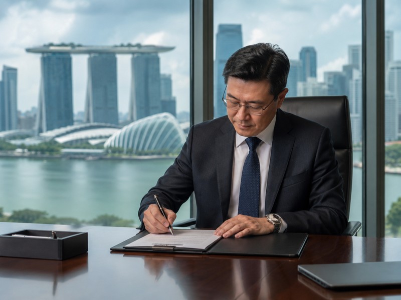 How to Appoint a New Director in a Singapore Company Step by Step A professional boardroom scene showing a director signing documents with a Singapore skyline visible through the window