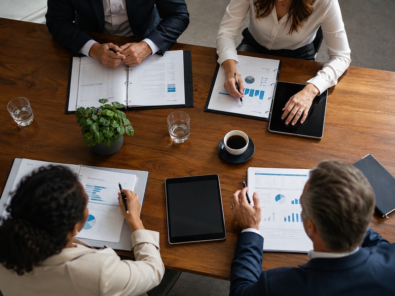 Overhead shot of a modern boardroom table with printed board packs, tablets and a cup of coffee