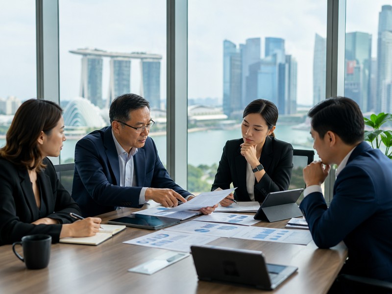 Corporate Restructuring in Singapore: Key Secretarial Steps and Documentation A professional boardroom scene showing directors reviewing corporate documents and charts, with a subtle Singapore skyline in the background