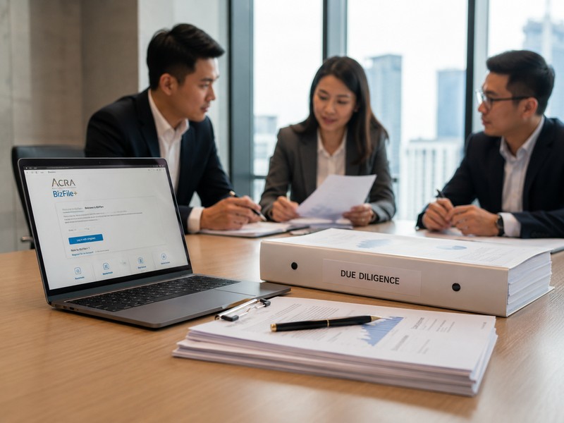 A professional boardroom scene with documents, a laptop displaying ACRA BizFile+