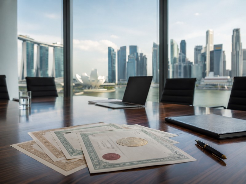 Professional image of a boardroom table with share certificates and a Singapore skyline backdrop, symbolising corporate