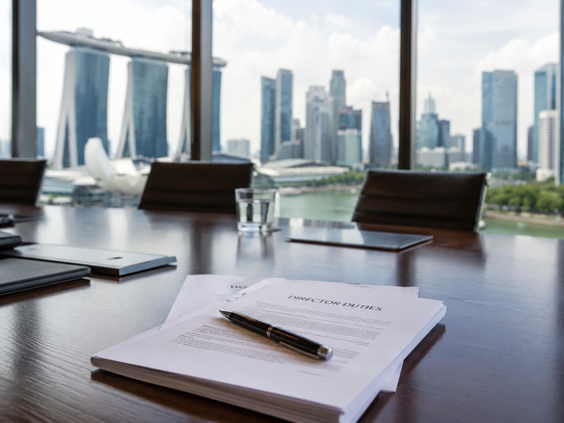 Director Disqualification in Singapore: Reasons, Consequences and Prevention Image of a corporate boardroom table with a 'Director Duties' document and Singapore skyline in the background (800x600)