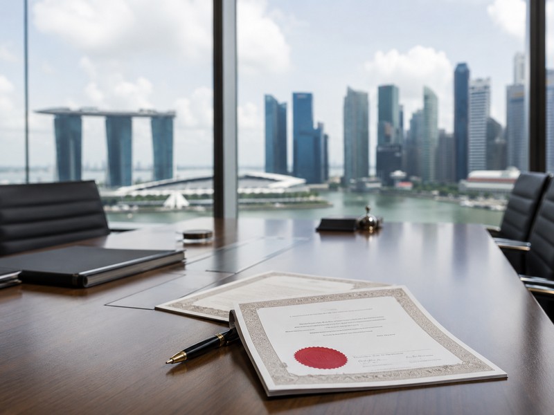 A professional photograph of a boardroom table with share certificates and a Singapore skyline visible through the windo