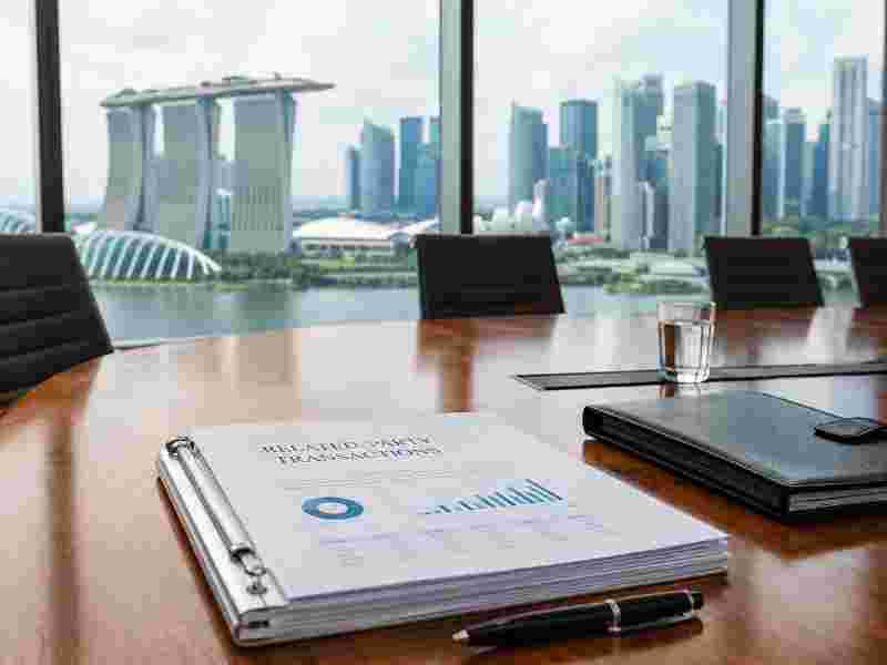 Related Party Transactions Singapore – Governance Disclosure Records A corporate boardroom table with official documents labelled Related Party Transactions