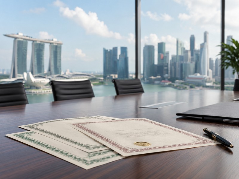 Share Buy‑Backs and Redemption in Singapore: How They Work and Key Rules Photograph of a boardroom table with share certificates, a pen and Singapore skyline