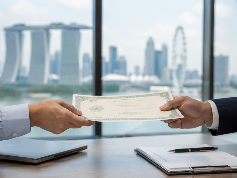 Transferring Shares in a Private Limited Company: Documentation, Stamping and ACRA Filings A close-up of two hands exchanging a paper share certificate over a desk with a Singapore skyline in soft focus