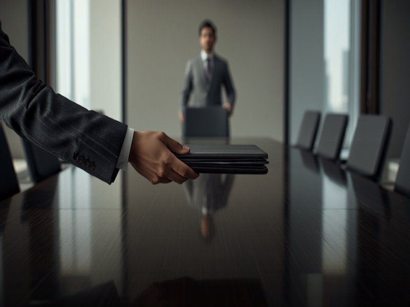 A corporate secretary handing a folder of statutory registers across a boardroom table