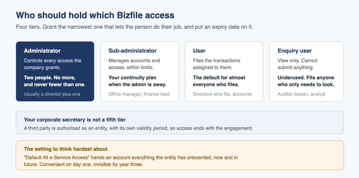Four tiers of Bizfile access, from administrator to enquiry user, with third-party authorisation shown separately.