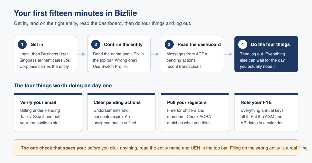 Diagram of the first fifteen minutes in Bizfile, from login through the entity check and the dashboard to four day-one actions.