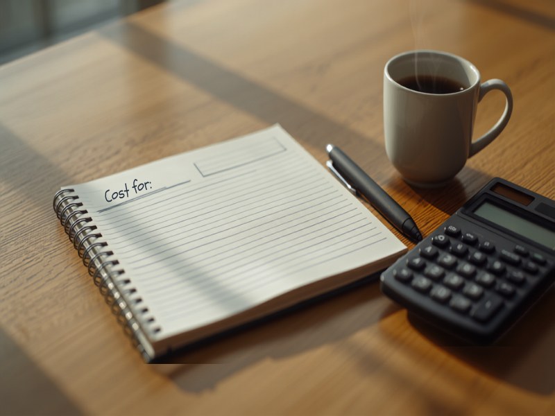 Notebook of handwritten cost figures with a calculator, pen and coffee on a desk