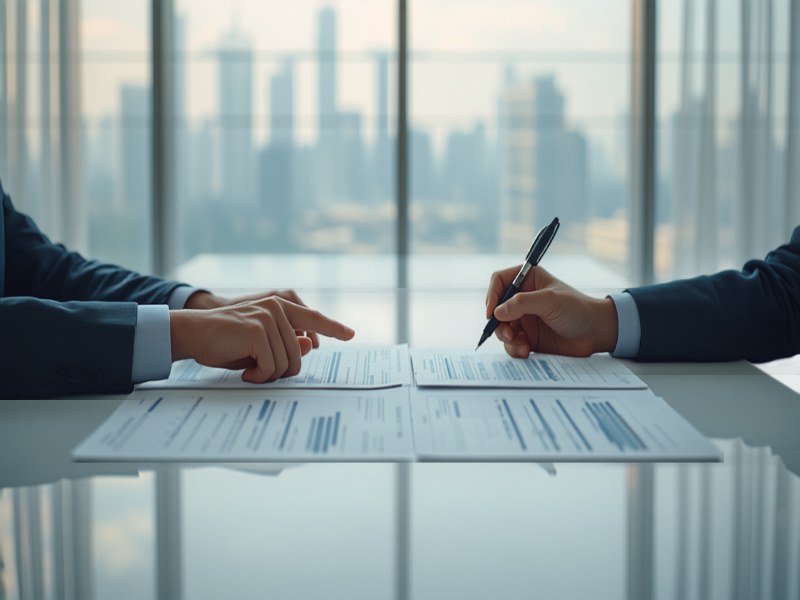 Two business professionals reviewing printed financial statements across a table in a Singapore office