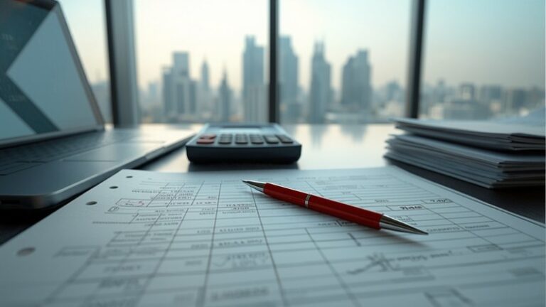 Accountant's desk with ledger, red pen and calculator for correcting past GST errors