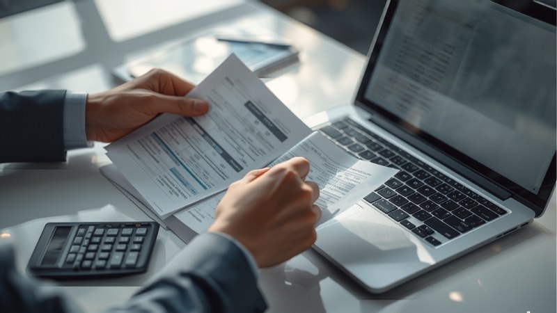 Hands reconciling printed settlement reports beside a calculator and a laptop spreadsheet