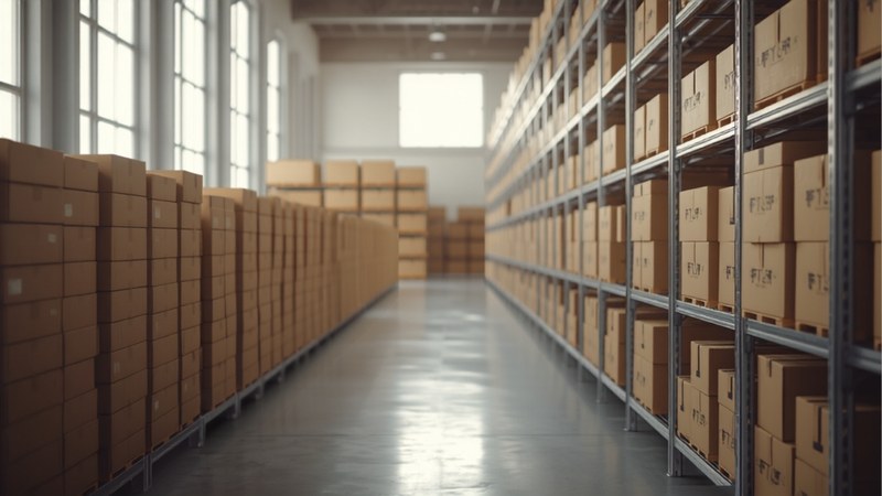Stacked shipping boxes on shelving in a tidy fulfilment warehouse