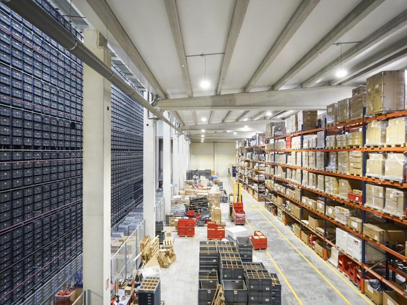 Stock and pallets stored in a warehouse