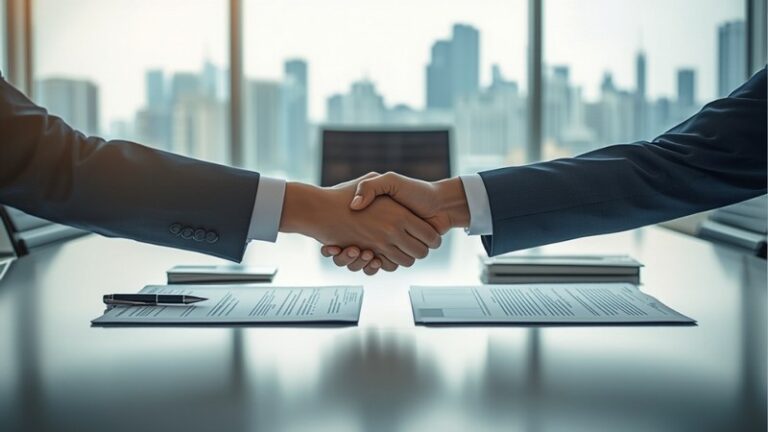 Business handshake over signed transfer documents in a Singapore office