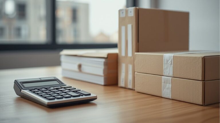 Calculator, stacked files and sealed archive boxes on an office desk, representing a business closing down