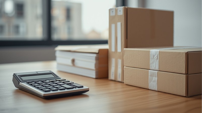 Calculator, stacked files and sealed archive boxes on an office desk, representing a business closing down