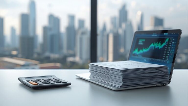 Finance desk with calculator, invoices and laptop overlooking the Singapore skyline
