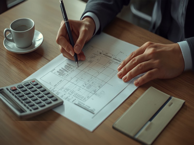 Hands annotating a printed monthly management accounts report beside a calculator