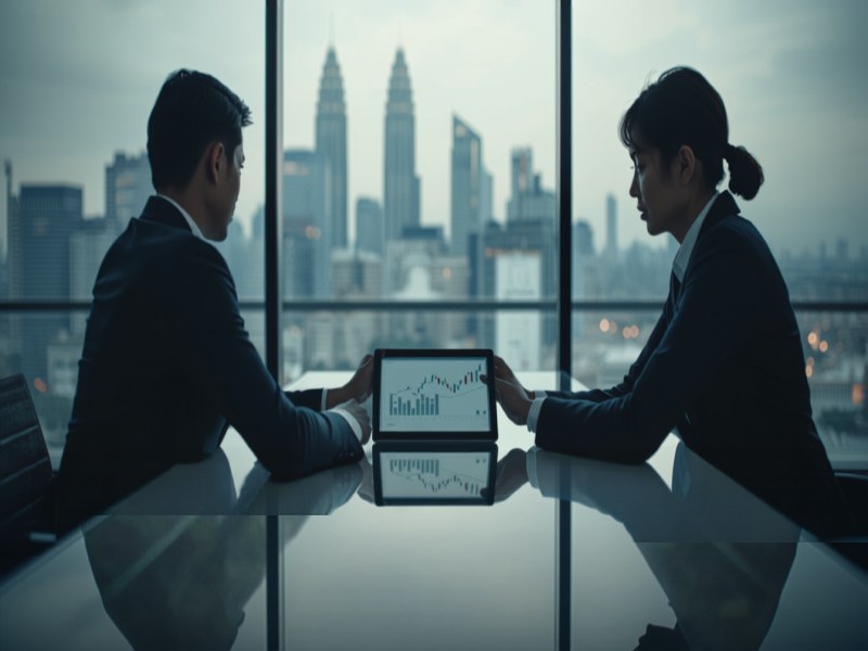 Two professionals reviewing business figures on a tablet in a Singapore office