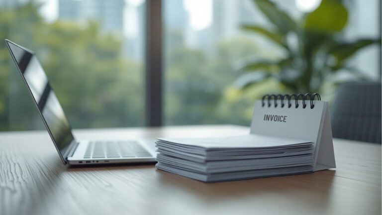 Laptop and stack of invoices on an office desk, representing GST return preparation in Singapore