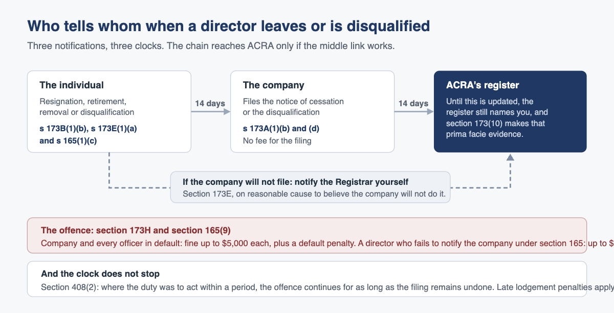 Who must notify whom, and within what window, on a resignation or disqualification.