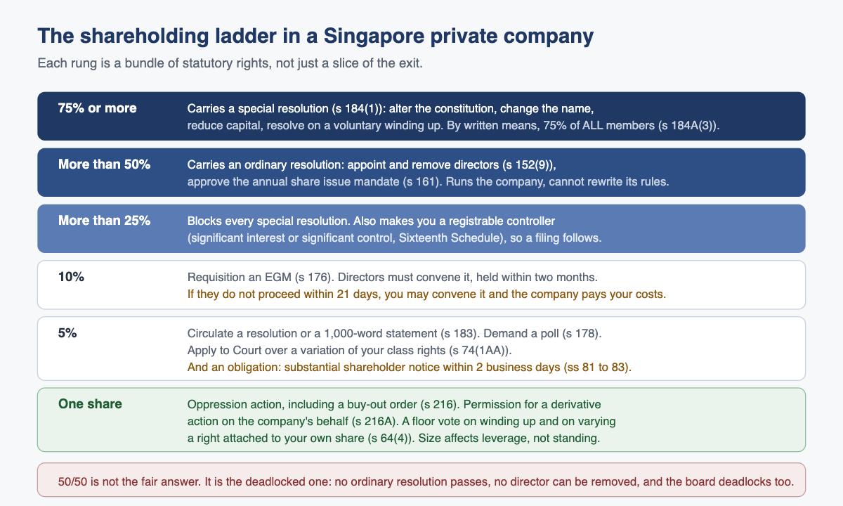 The shareholding ladder in a Singapore private company: 75%, more than 50%, more than 25%, 10%, 5% and one share