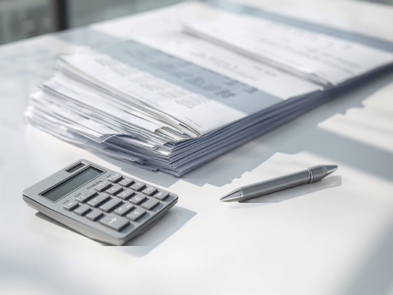 Stacks of invoices, receipts and bank statements arranged on a desk beside a calculator