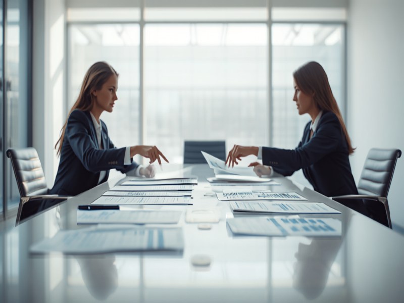 Two professionals reviewing printed financial statements together across a meeting table