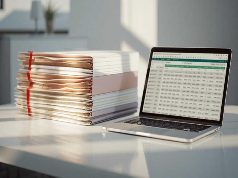 Organised monthly folders of invoices and bank statements beside a laptop showing a spreadsheet