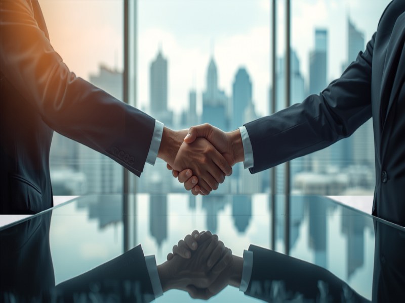Two business professionals shaking hands in a modern Singapore office with the city skyline behind them