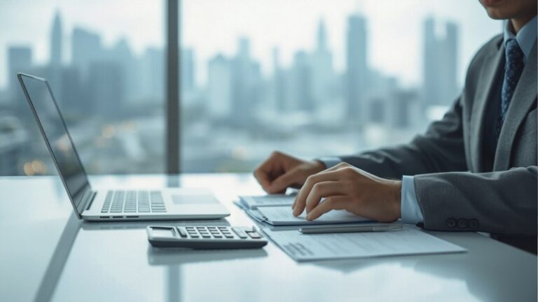 Business owner reviewing personal tax documents with a calculator and laptop in a Singapore office
