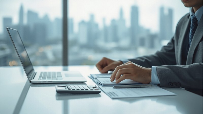 Business owner reviewing personal tax documents with a calculator and laptop in a Singapore office